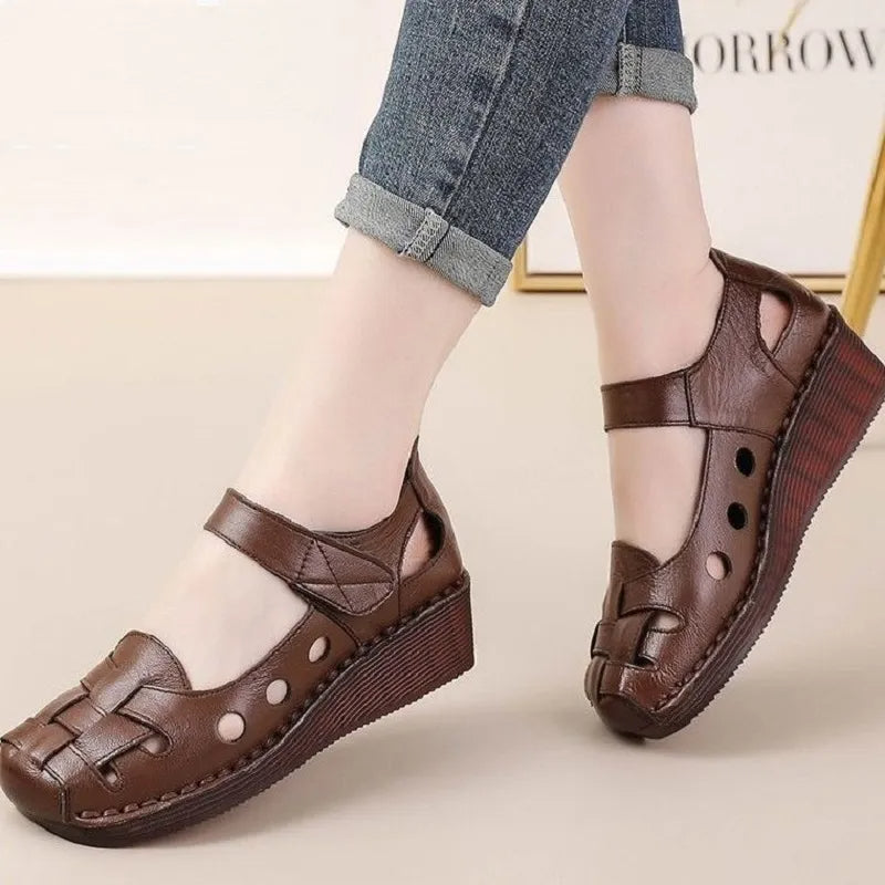 Zapatos tejidos de cuero genuino sandalias planas de mamá