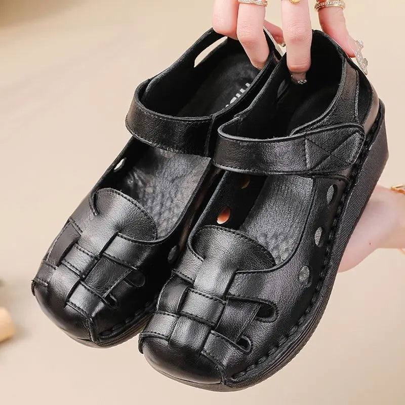 Zapatos tejidos de cuero genuino sandalias planas de mamá