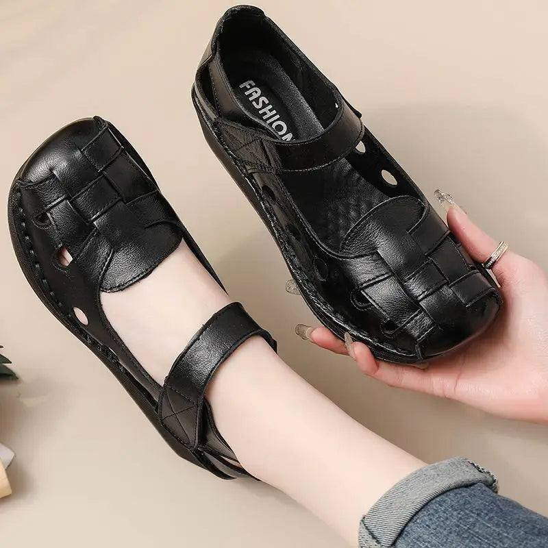 Zapatos tejidos de cuero genuino sandalias planas de mamá