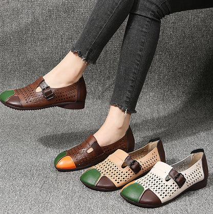 Ya a la venta🔥Zapatos retro de cuero genuino de tacón bajo con bloques de color para mujer